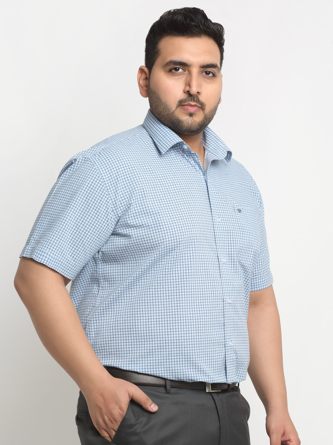 Plus Size  Blue Micro Checked Opaque Formal Shirt