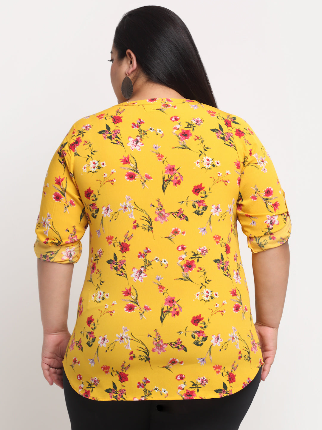 Plus Size Women  Mustard Yellow  Pink Floral Print Collar Roll-Up Sleeves Top
