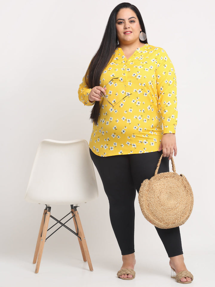 Plus Size Women  Yellow  White Floral Print Mandarin Collar Roll-Up Sleeves Top