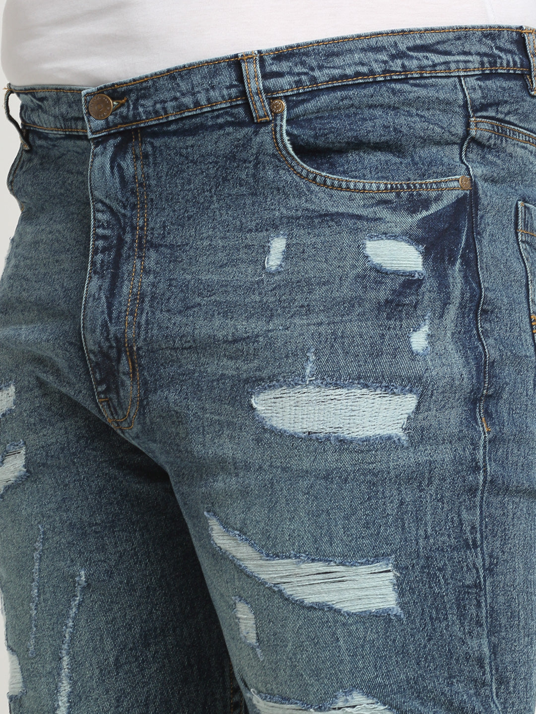 Plus Size Men Blue Comfort Highly Distressed Light Fade Non Stretchable Jeans