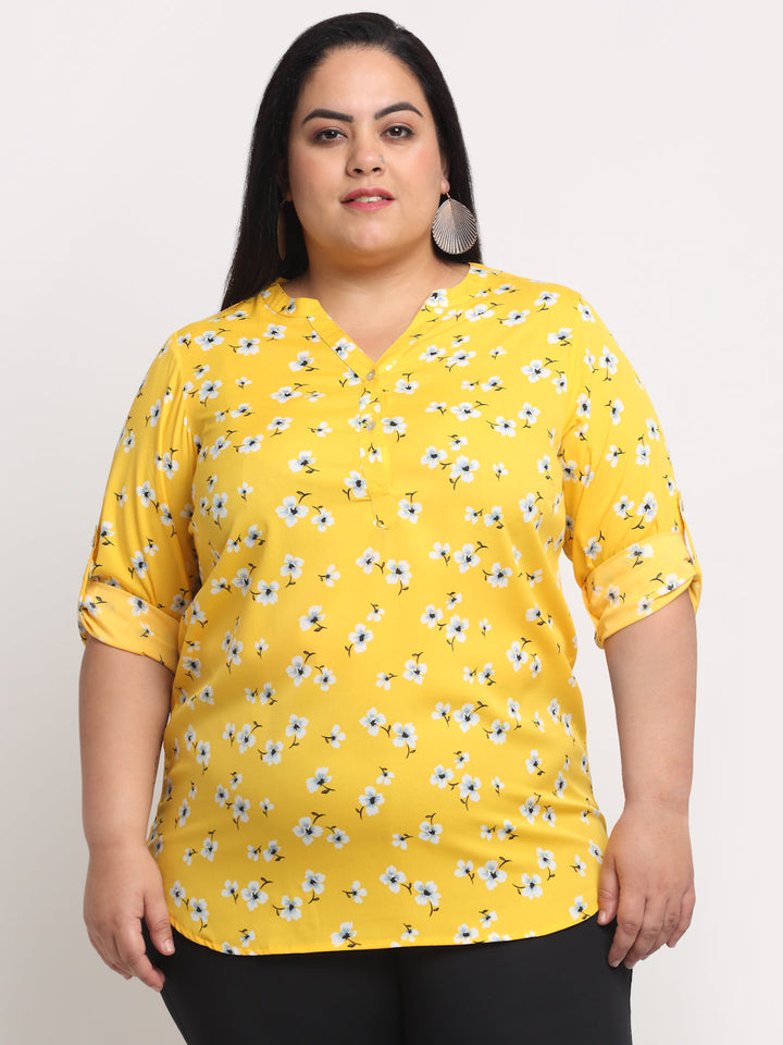 Plus Size Women  Yellow  White Floral Print Mandarin Collar Roll-Up Sleeves Top