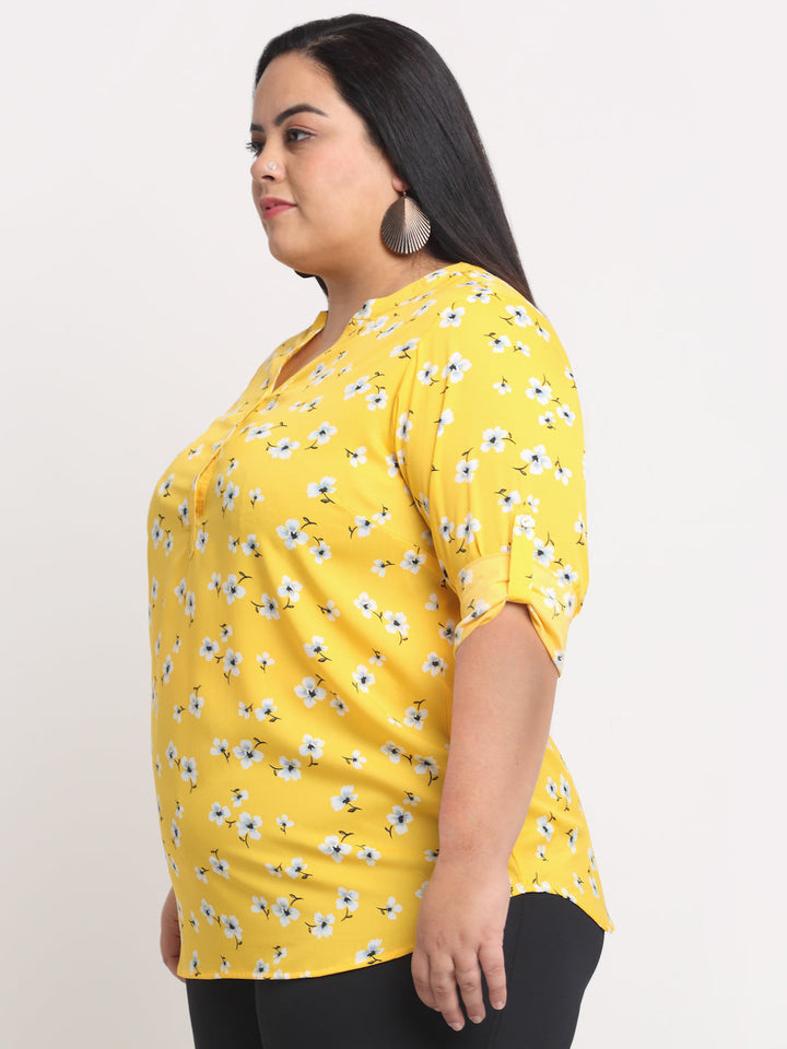 Plus Size Women  Yellow  White Floral Print Mandarin Collar Roll-Up Sleeves Top
