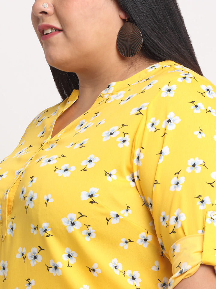 Plus Size Women  Yellow  White Floral Print Mandarin Collar Roll-Up Sleeves Top