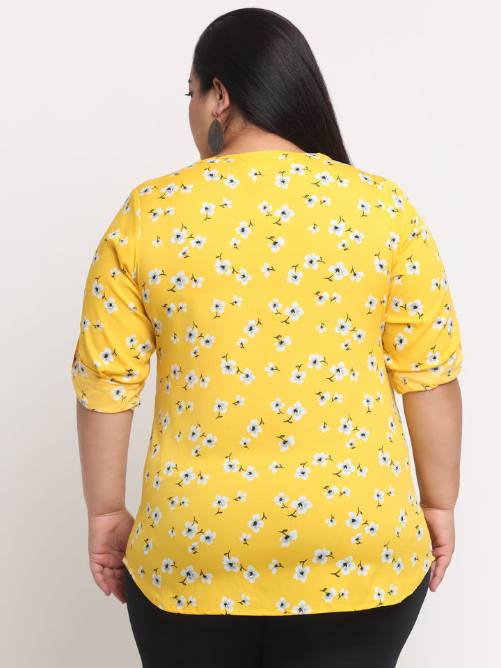 Plus Size Women  Yellow  White Floral Print Mandarin Collar Roll-Up Sleeves Top