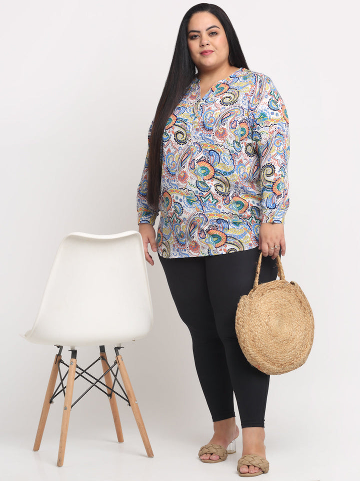 Plus Size  Off White  Blue Printed Mandarin Collar Roll-Up Sleeves Top