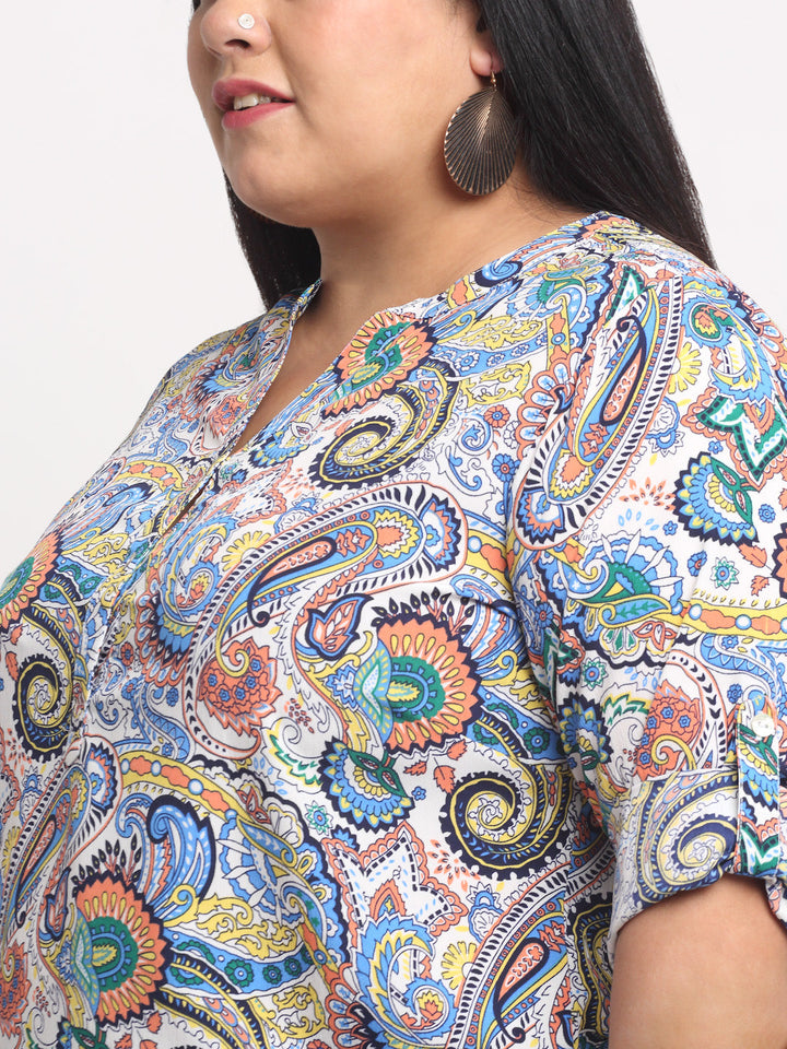 Plus Size  Off White  Blue Printed Mandarin Collar Roll-Up Sleeves Top