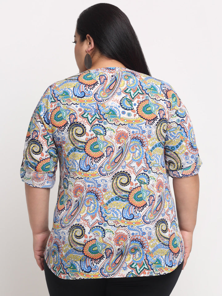 Plus Size  Off White  Blue Printed Mandarin Collar Roll-Up Sleeves Top
