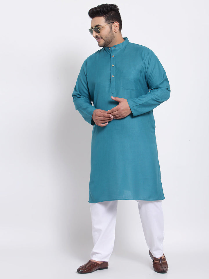 Plus Size Men Green  White Solid Kurta with Pyjamas