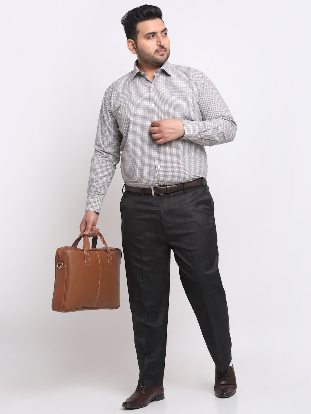 Plus Size  Grey Spread Collar Opaque Cotton Formal Shirt