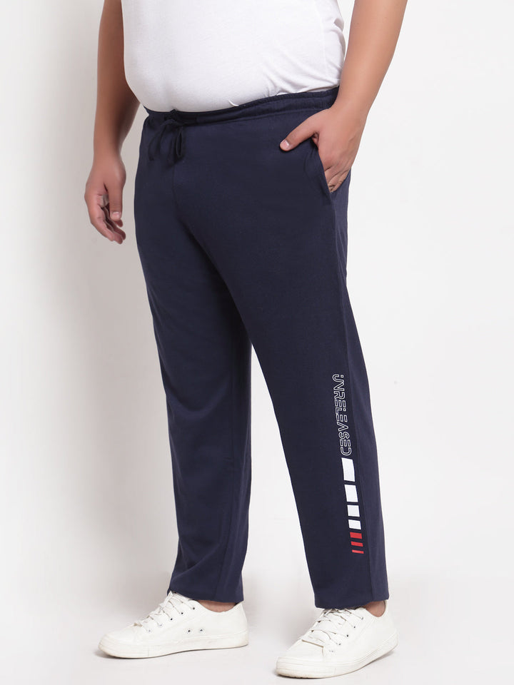 Plus Size Men Navy Blue Solid Straight-Fit Cotton Track Pants