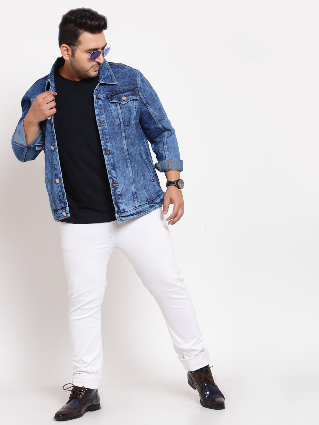 Plus Size Men Blue Washed Denim Jacket