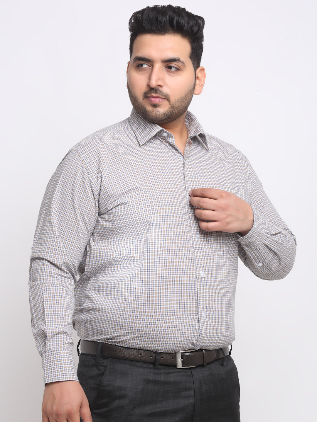 Plus Size  Grey Spread Collar Opaque Cotton Formal Shirt