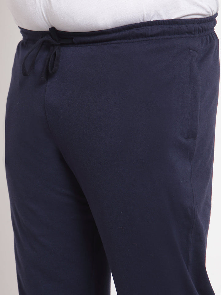 Plus Size Men Navy Blue Solid Straight-Fit Cotton Track Pants