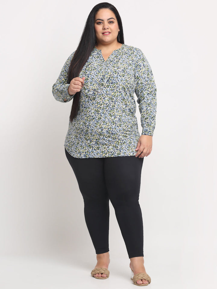 Plus Size Women Blue  Beige Floral Print Mandarin Collar Roll-Up Sleeves Top