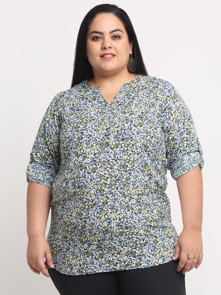 Plus Size Women Blue  Beige Floral Print Mandarin Collar Roll-Up Sleeves Top