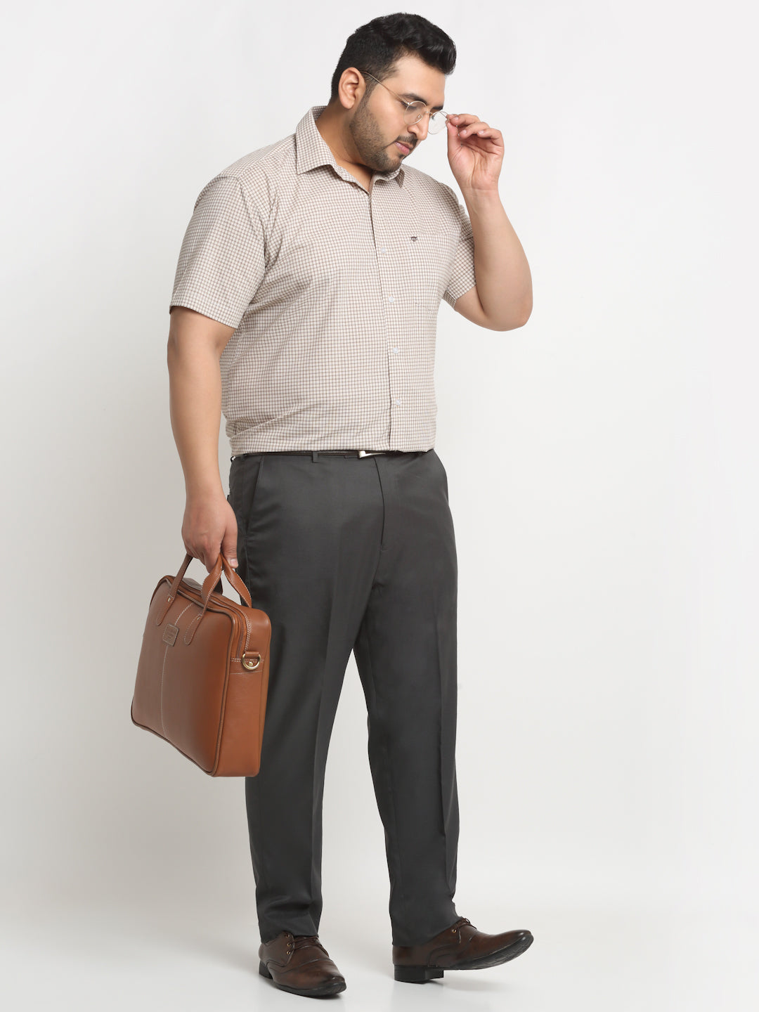 Plus Size Beige Checked Spread Collar Cotton Formal Shirt