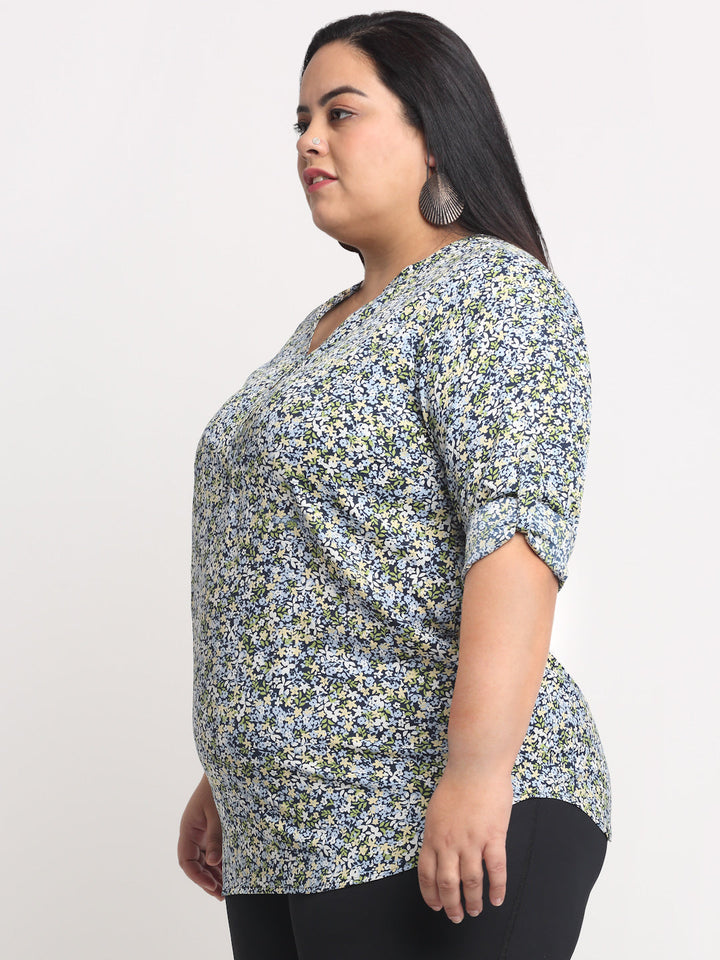 Plus Size Women Blue  Beige Floral Print Mandarin Collar Roll-Up Sleeves Top