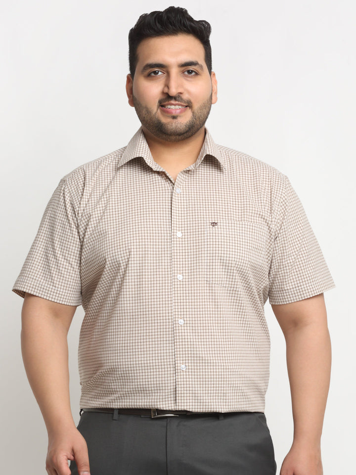 Plus Size Beige Checked Spread Collar Cotton Formal Shirt