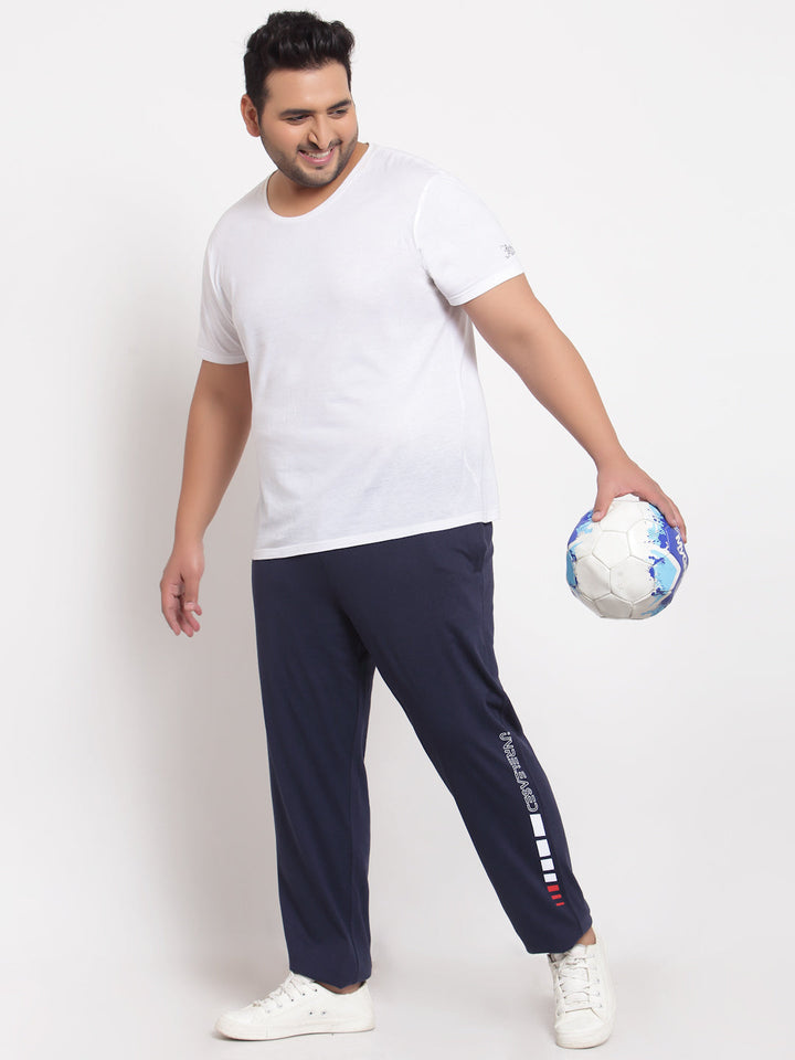 Plus Size Men Navy Blue Solid Straight-Fit Cotton Track Pants