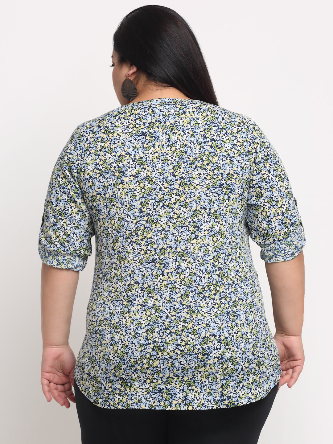 Plus Size Women Blue  Beige Floral Print Mandarin Collar Roll-Up Sleeves Top