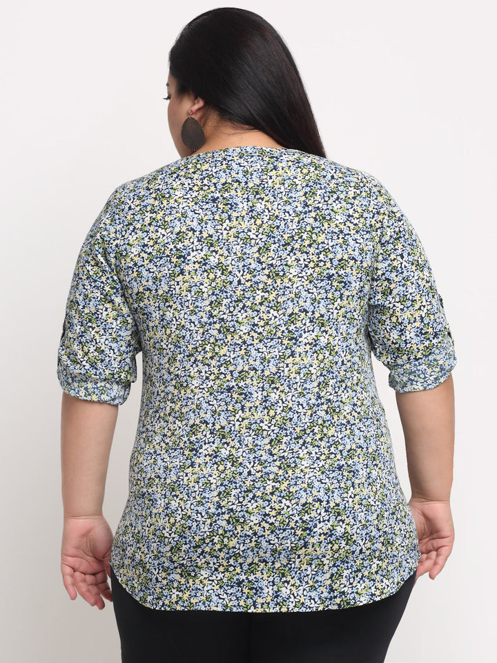 Plus Size Women Blue  Beige Floral Print Mandarin Collar Roll-Up Sleeves Top