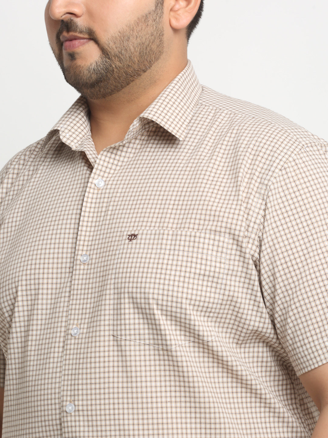 Plus Size Beige Checked Spread Collar Cotton Formal Shirt