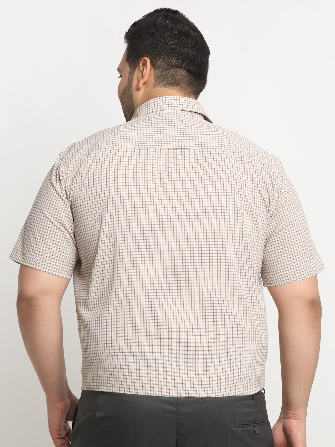 Plus Size Beige Checked Spread Collar Cotton Formal Shirt