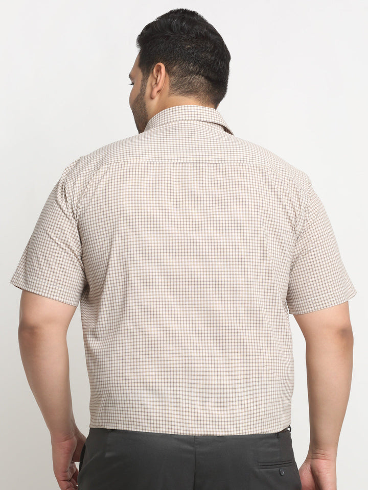 Plus Size Beige Checked Spread Collar Cotton Formal Shirt