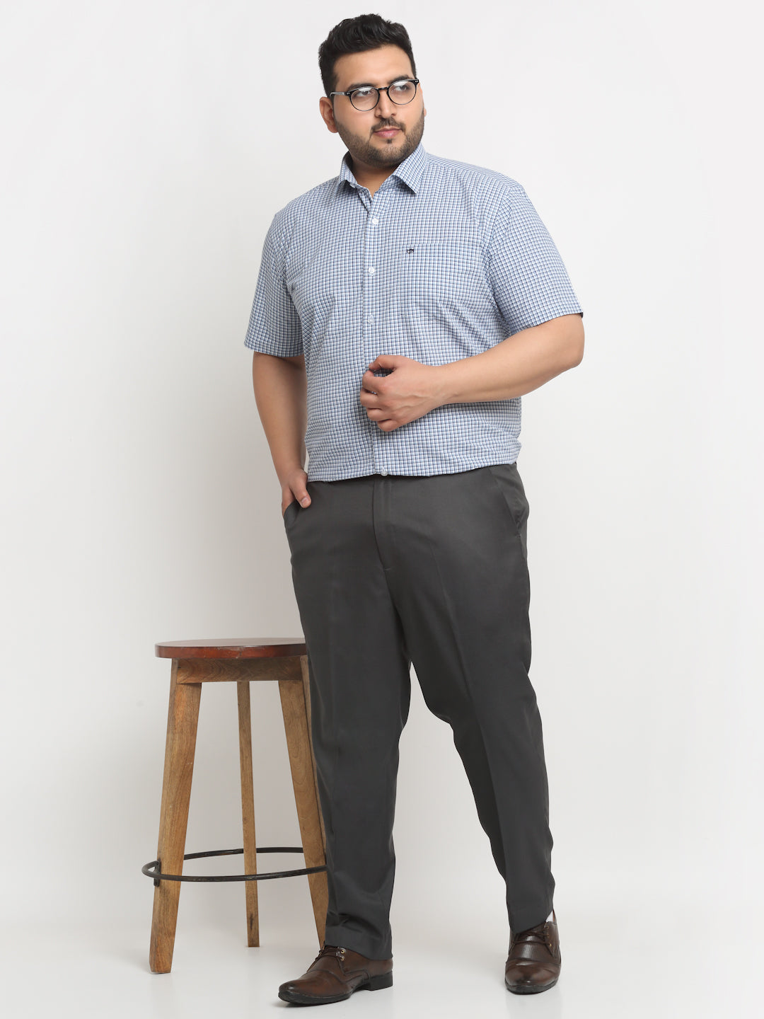 Plus Size  Blue Micro Checked Opaque Formal Shirt