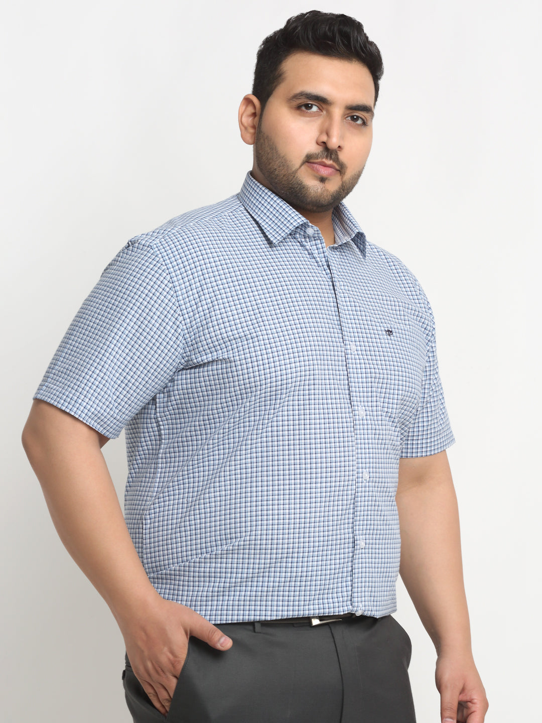 Plus Size  Blue Micro Checked Opaque Formal Shirt
