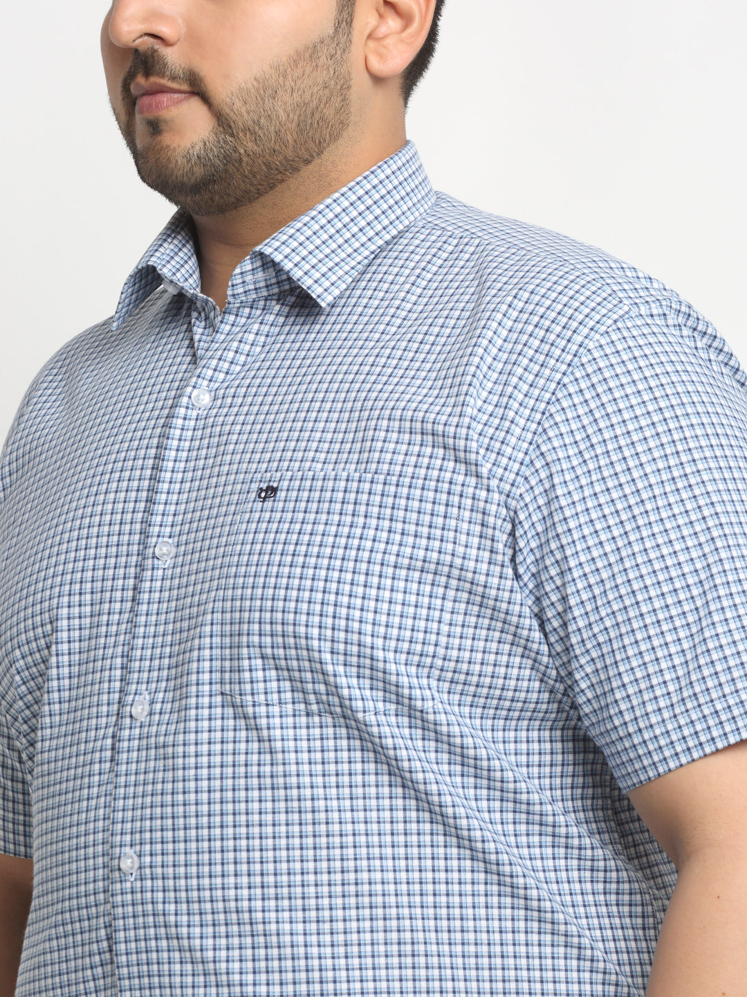 Plus Size  Blue Micro Checked Opaque Formal Shirt