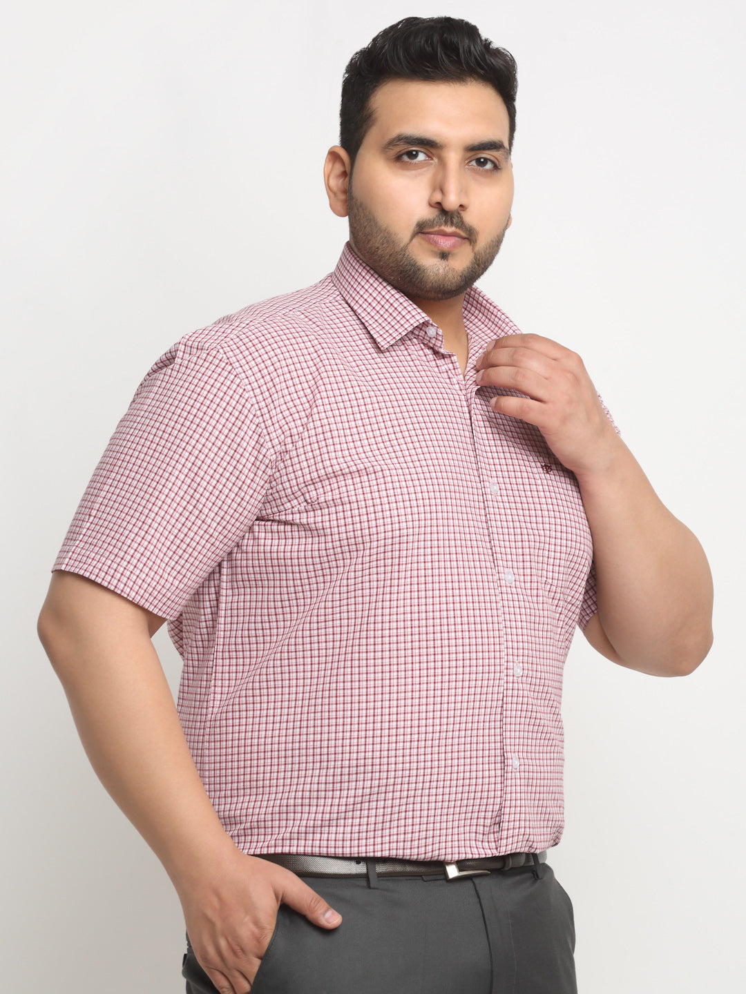 Plus Size Pink Checked Spread Collar Cotton Formal Shirt