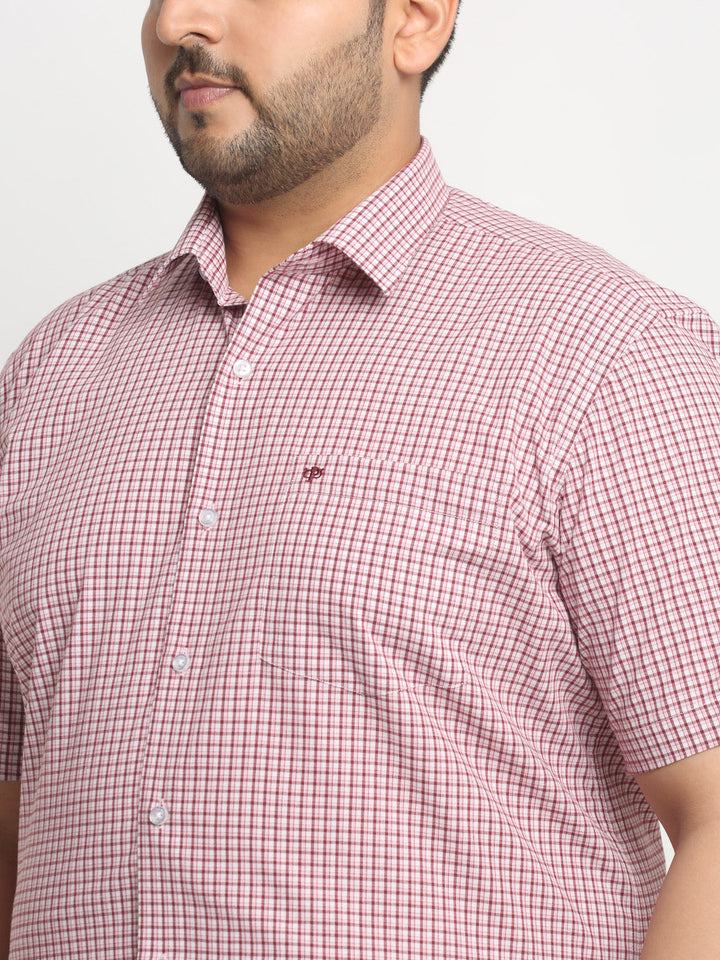Plus Size Pink Checked Spread Collar Cotton Formal Shirt