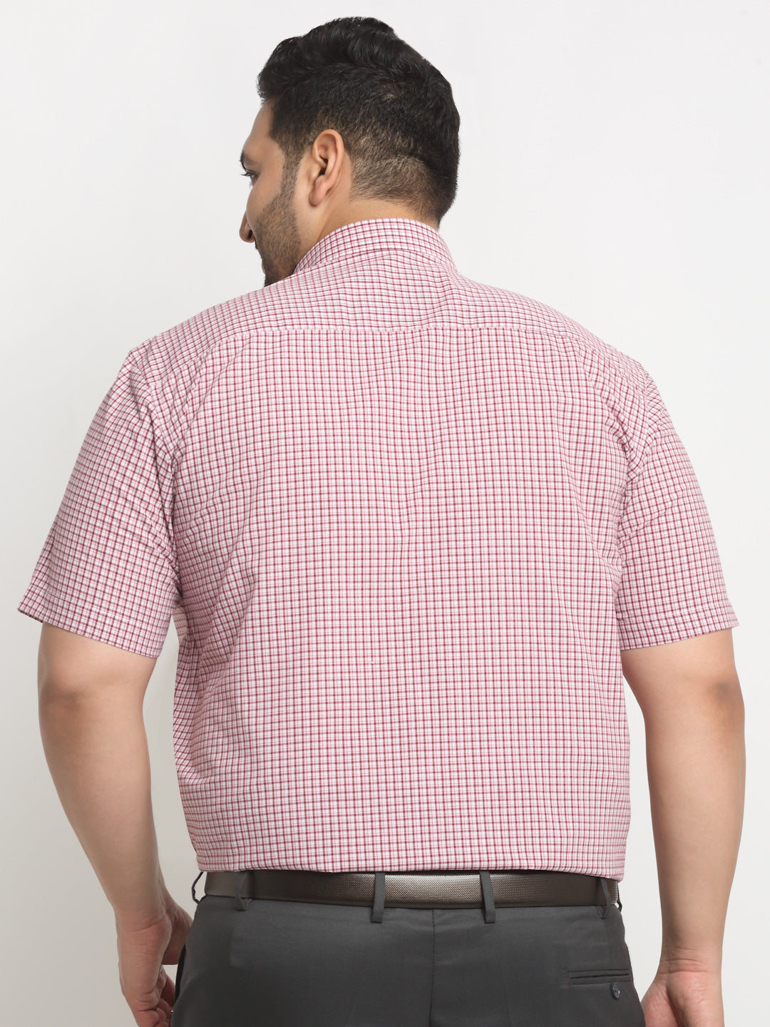 Plus Size Pink Checked Spread Collar Cotton Formal Shirt