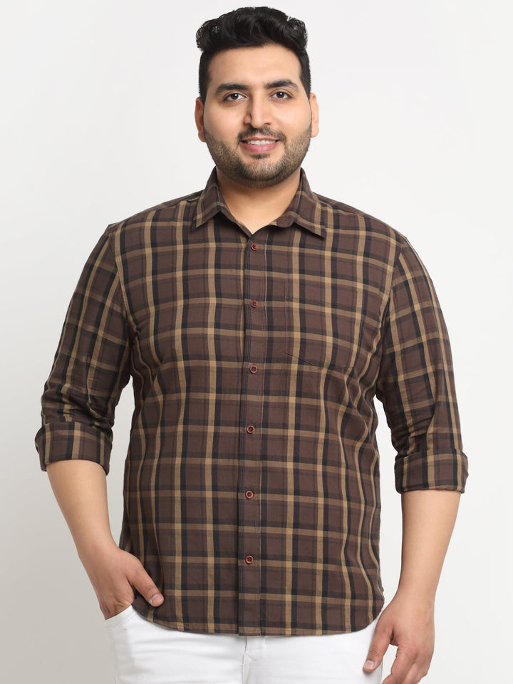 Plus Size Tartan Checked Spread Collar Cotton Casual Shirt