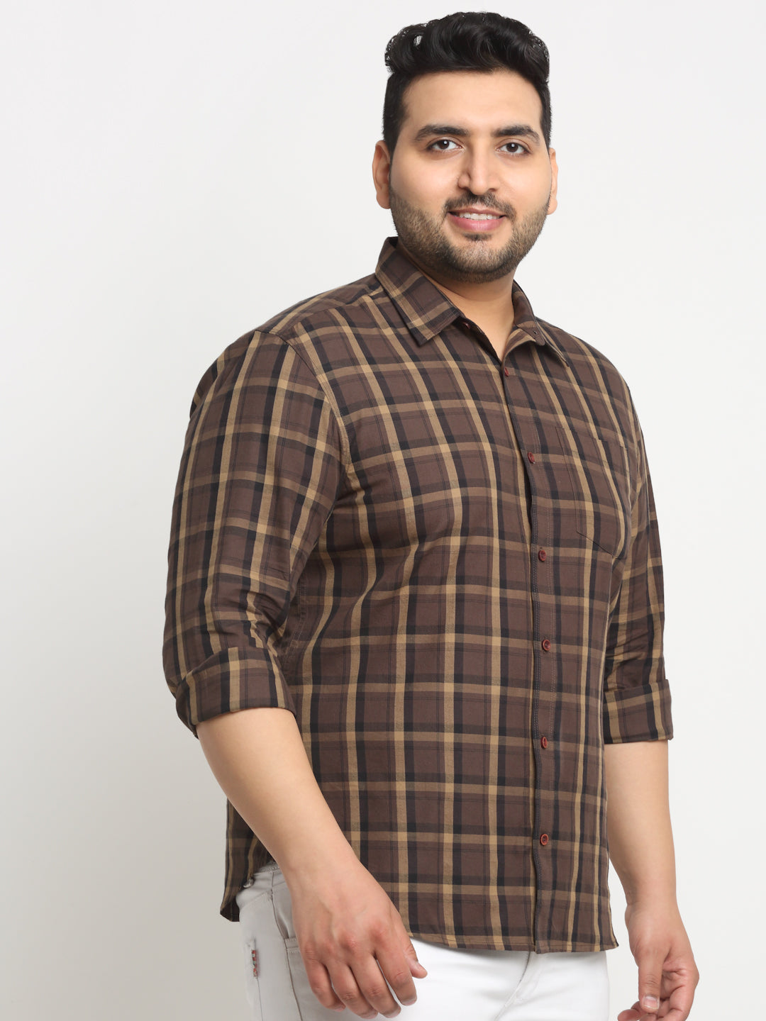 Plus Size Tartan Checked Spread Collar Cotton Casual Shirt