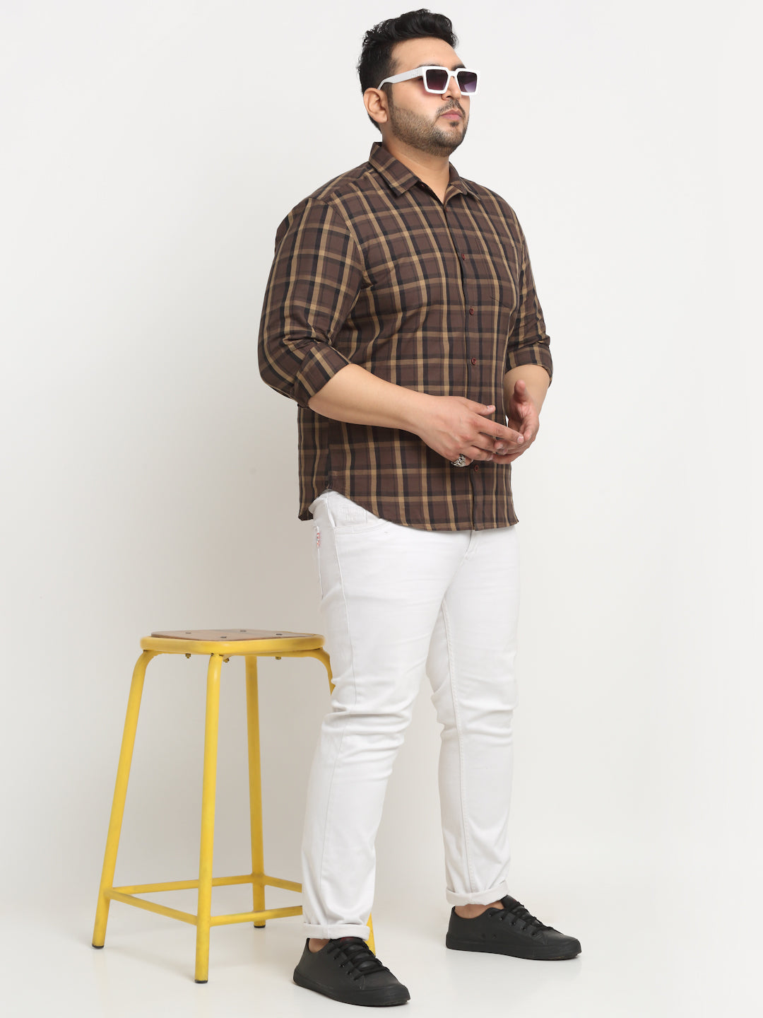 Plus Size Tartan Checked Spread Collar Cotton Casual Shirt
