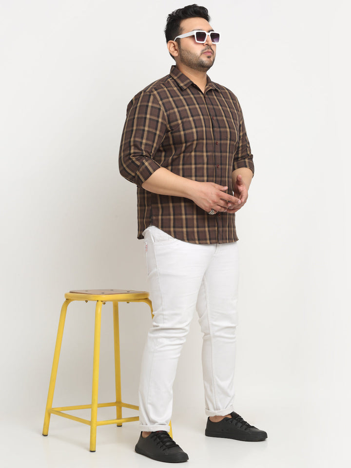 Plus Size Tartan Checked Spread Collar Cotton Casual Shirt