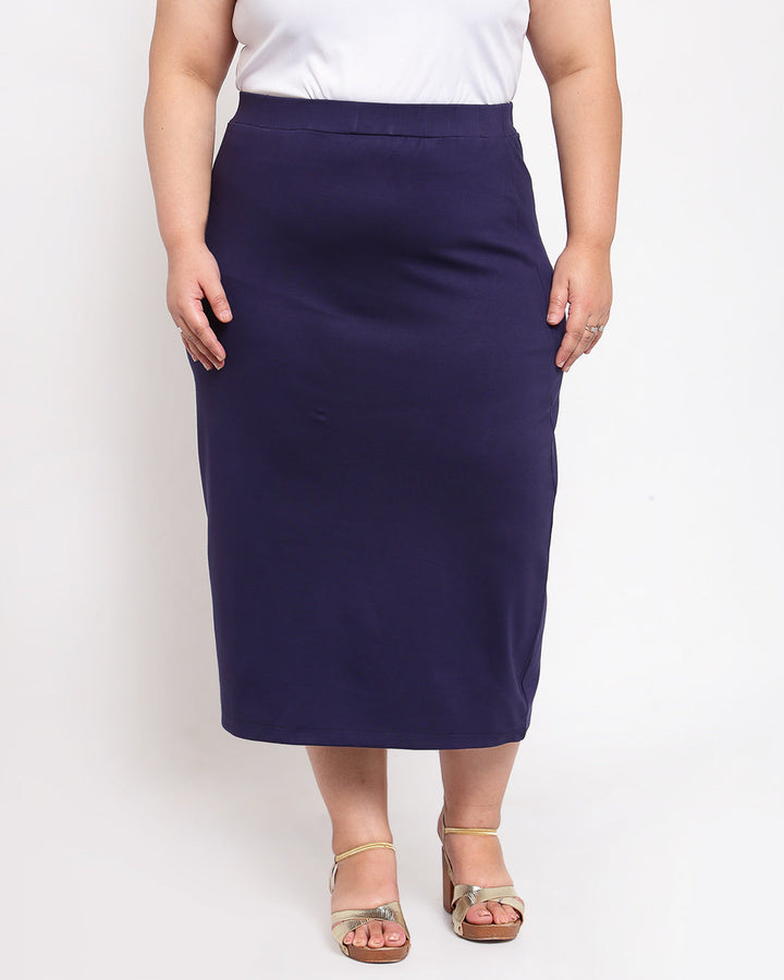 Plus Size Women Navy Blue Solid A-Line Midi Skirt