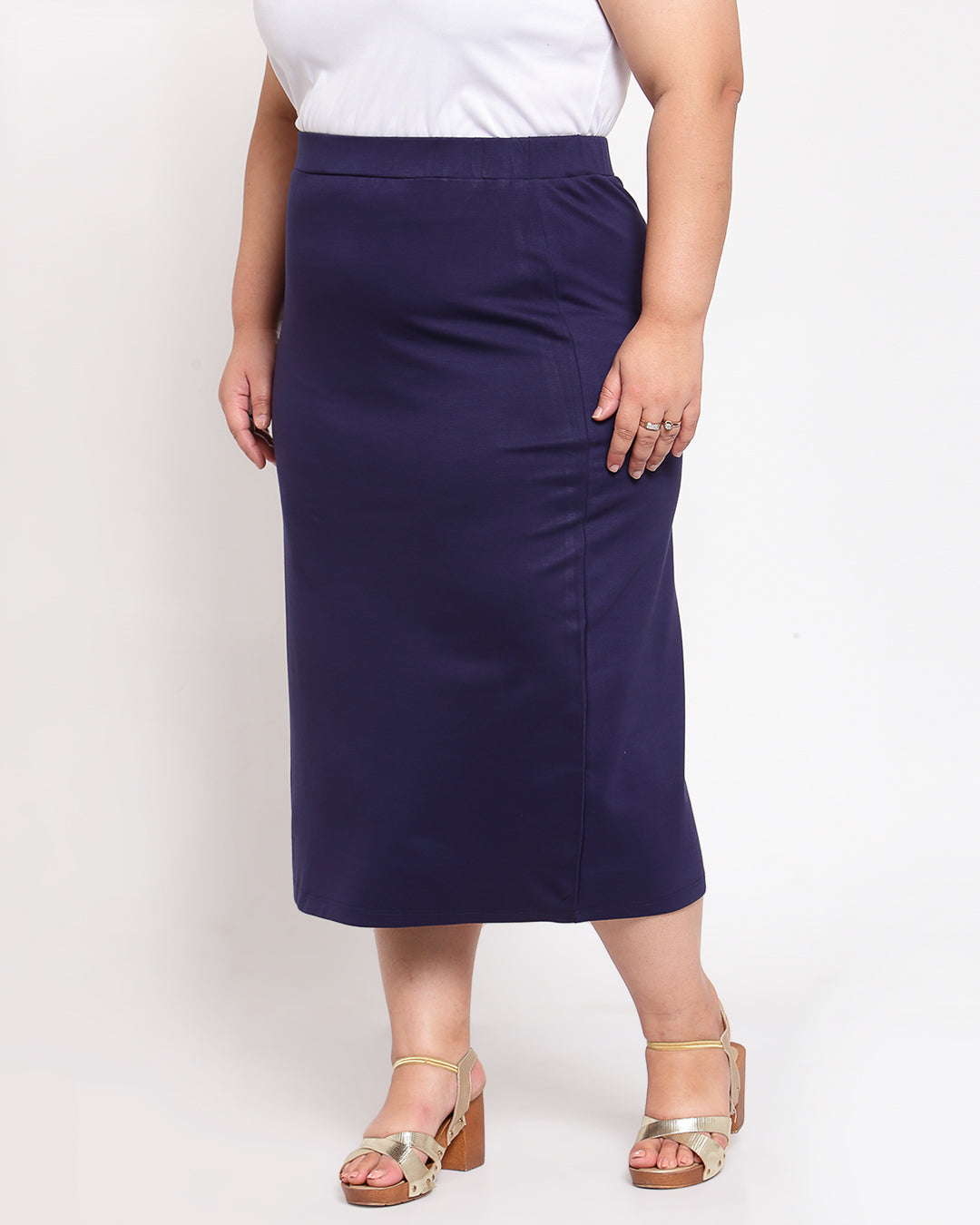 Plus Size Women Navy Blue Solid A-Line Midi Skirt