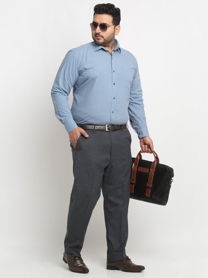 Plus Size Blue Checked Spread Collar Cotton Formal Shirt
