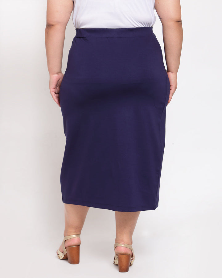 Plus Size Women Navy Blue Solid A-Line Midi Skirt