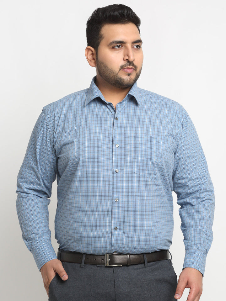 Plus Size Blue Checked Spread Collar Cotton Formal Shirt