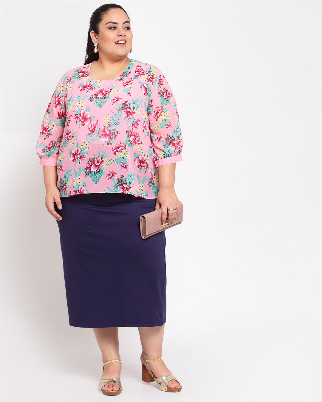 Plus Size Women Navy Blue Solid A-Line Midi Skirt