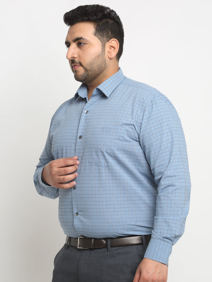 Plus Size Blue Checked Spread Collar Cotton Formal Shirt