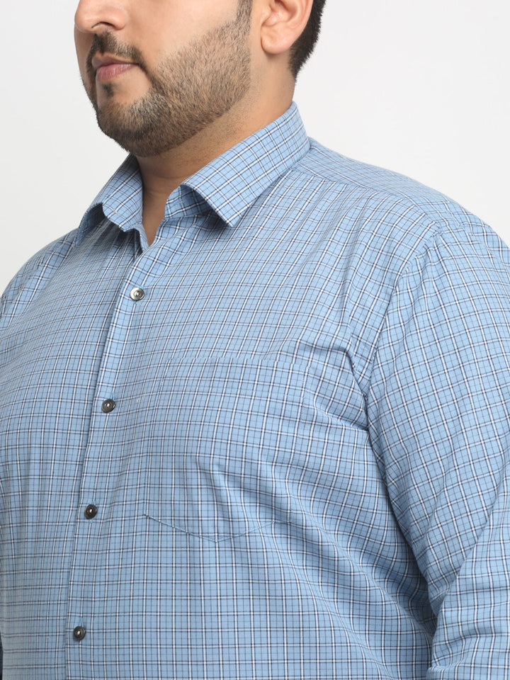 Plus Size Blue Checked Spread Collar Cotton Formal Shirt
