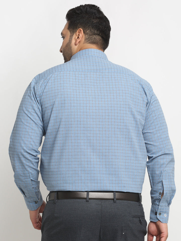 Plus Size Blue Checked Spread Collar Cotton Formal Shirt