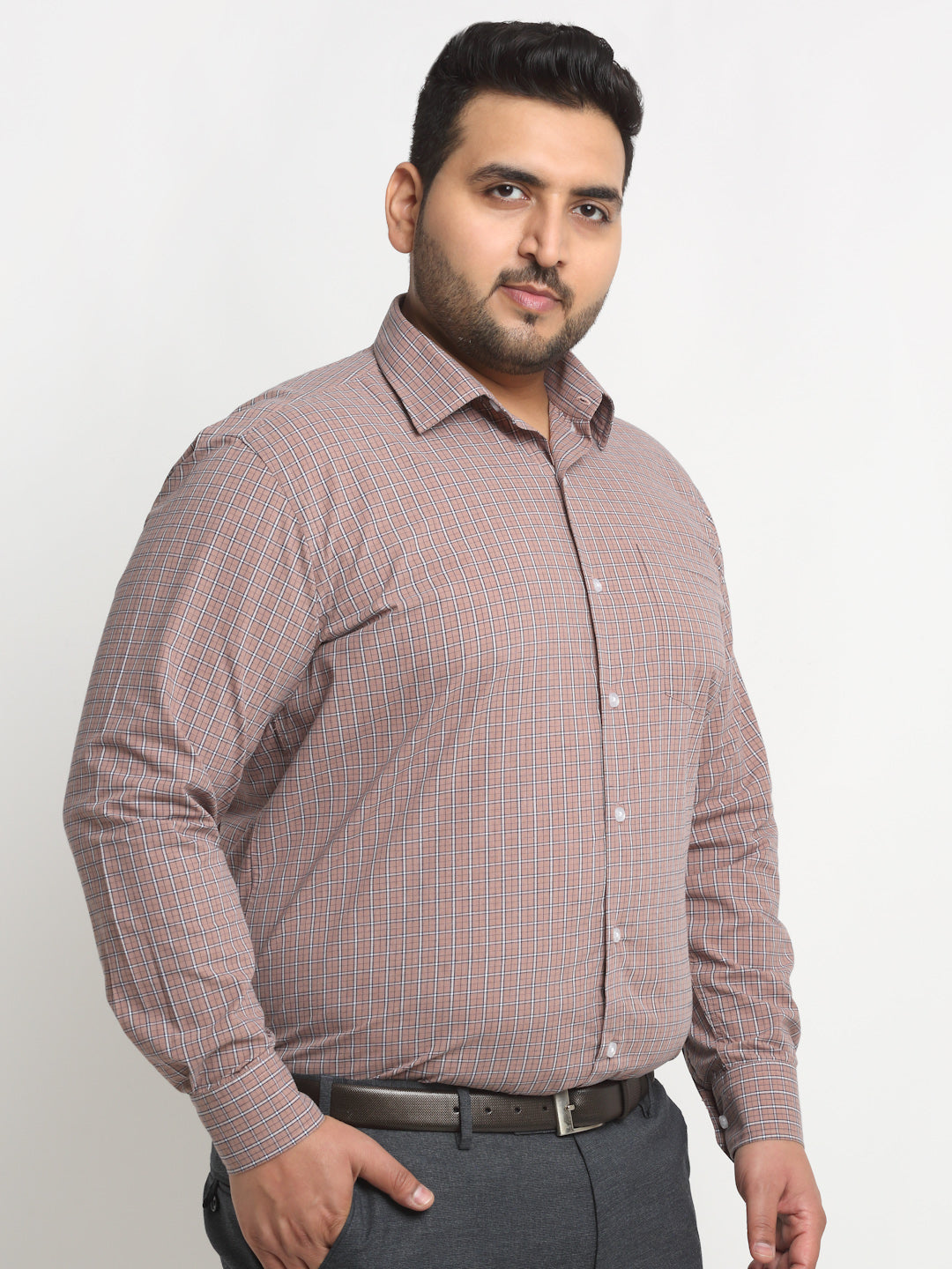 Plus Size  Pink Micro Checked Opaque Formal Shirt