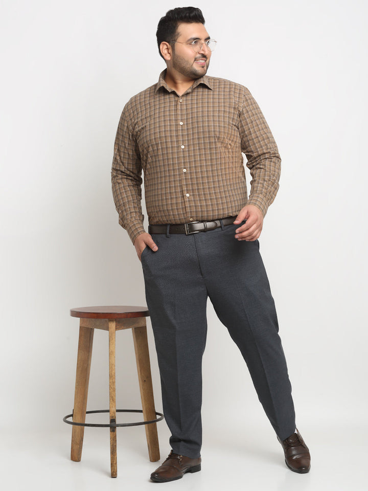Plus Size  Brown Grid Tattersall Checked Opaque Formal Shirt