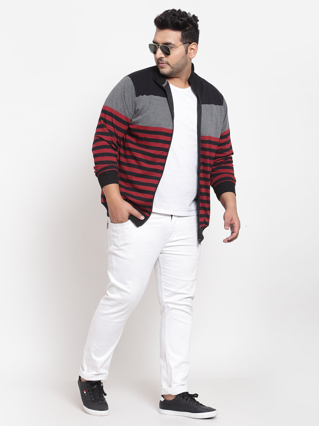 Plus Size Men Grey & Red Striped Sweatshirt